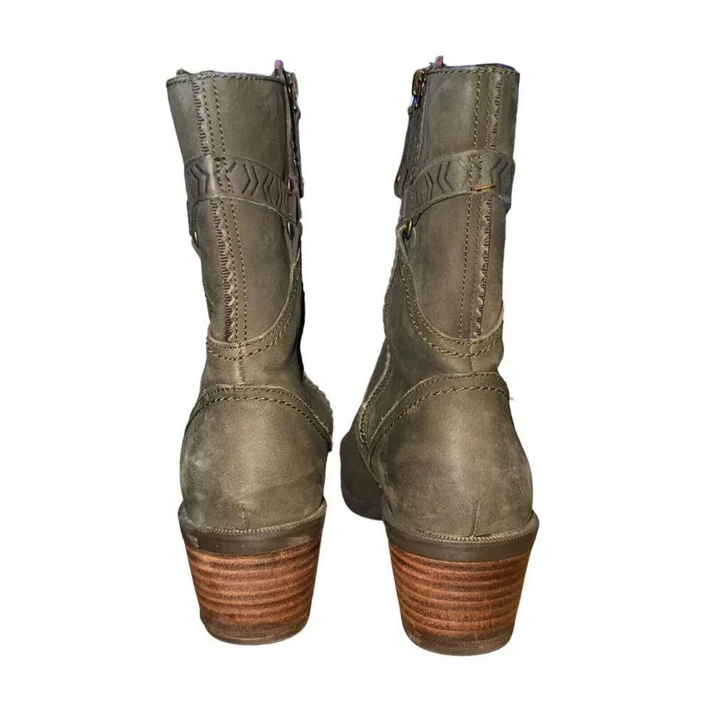 Teva Foxy Mid Boot Women's 8.5 Olive Green Leather Side Zip Biker Moto